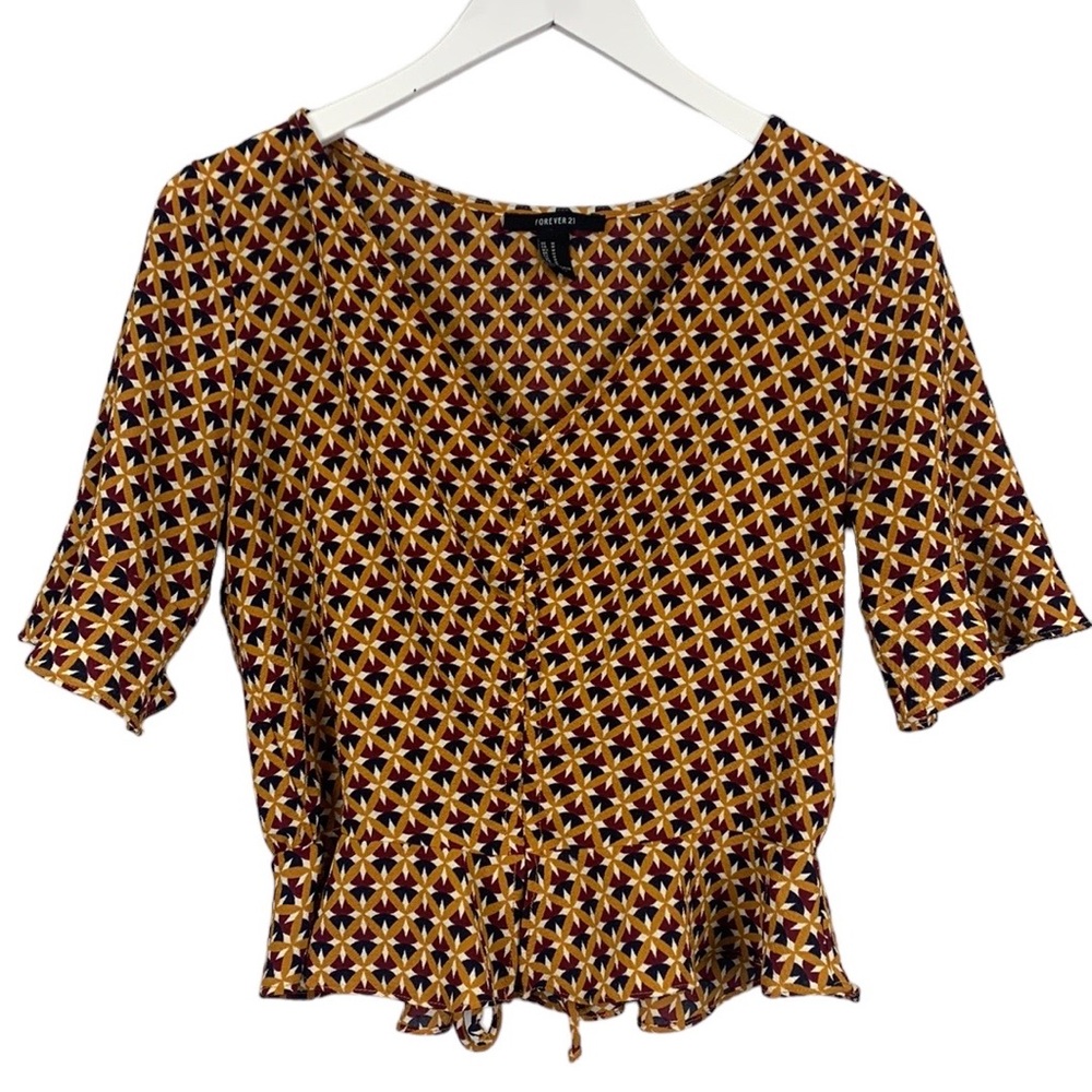 Forever 21 Print Ruffle Hem Sleeve Cropped Ruche Tie Top Blouse Size Medium